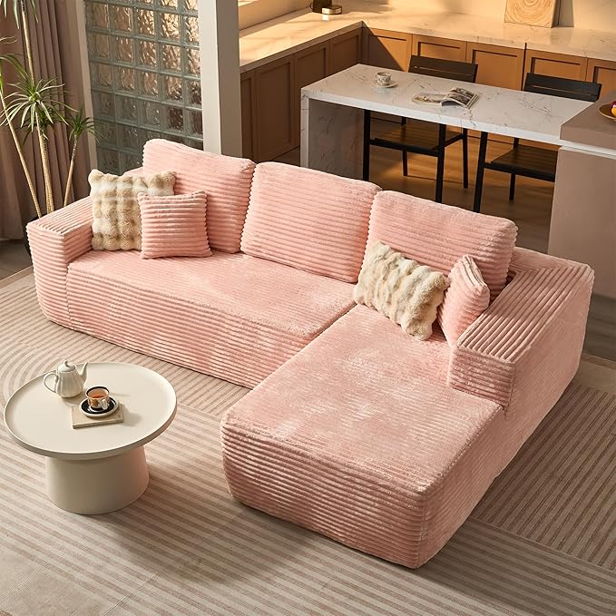 ovios 104" Cloud Sectional Couch with L-Shape Chaise,Modern Modular Sofa with Deep Seat, Upholstered Couches for Living Room Bedroom,No Assembly Required, Pink (Plush Corduroy Fabric)-Ruum Studio Home