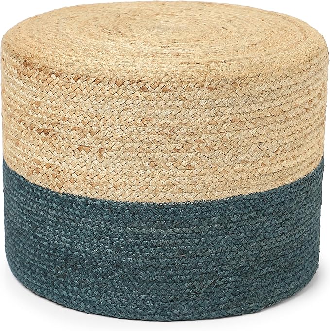 REDEARTH · Cylindrical Pouf Foot Stool Ottoman - Jute Braided Pouffe Poof Accent Sitting Footrest for Living Room, Bedroom, Nursery, Patio, Lounge & Other Rooms (Natural Teal, 18"x18"x14")-Ruum Studio Home