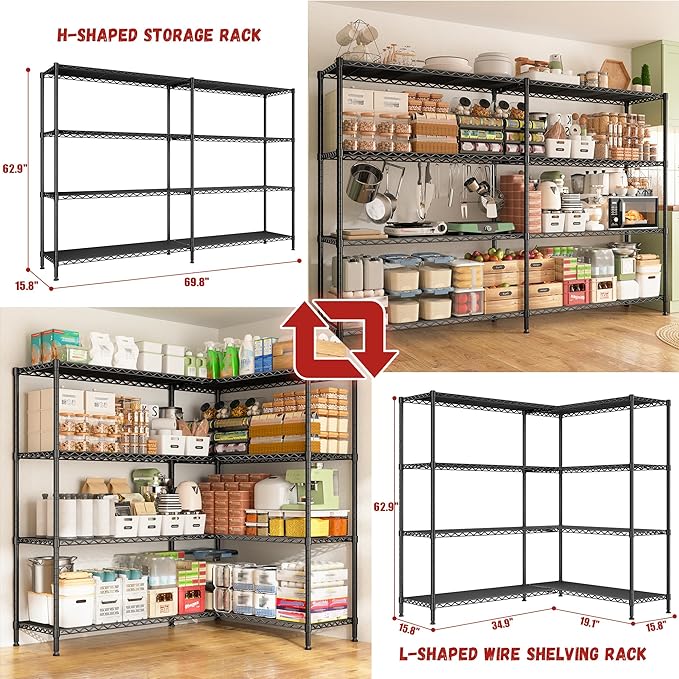 REIBII 69.8" W Storage Shelves 1250LBS Wire Shelving Unit 4 Tier Metal Shelving for Storage Rack Shelves Adjustable Heavy Duty Garage Shelf Pantry Shelves Kitchen Shelving, 69.8"Wx15.8"Dx62.9"H,Black-Ruum Studio Home