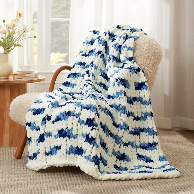 Amélie Home Chunky Knit Throw Blanket for Couch, Soft Chenille Crochet Blanket for Sofa, 50"x60", Space-Dyed Blue Striped-Ruum Studio Home