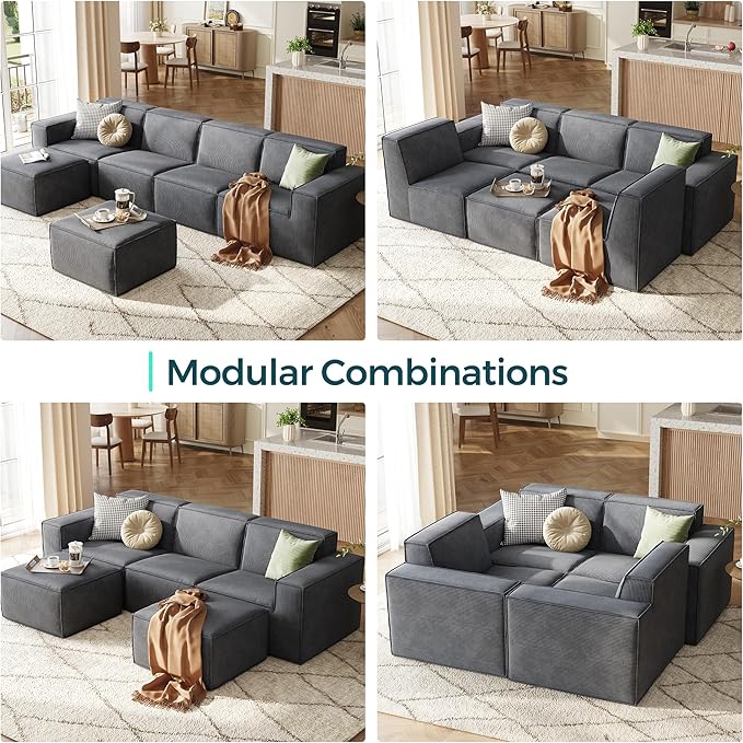 LINSY HOME Modular Sectional Sofa, 134" Boneless Couch L Shaped 4-Seat Sofa with Movable Ottoman, Corduroy Sectional Cloud Couches for Living Room, No Assembly Required, Bluish Grey-Ruum Studio Home