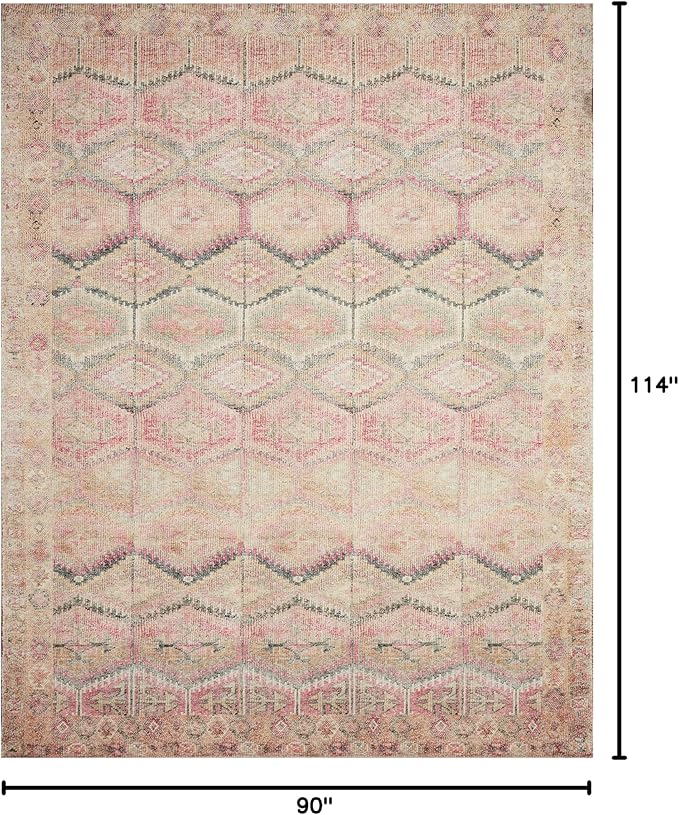 Loloi Layla Collection LAY-17 Pink/Lagoon 7'-6" x 9'-6" .13" Thick Area Rug, Soft, Durable, Vintage Inspired, Distressed, Low Pile, Non-Shedding, Easy Clean, Printed, Living Room Rug-Ruum Studio Home