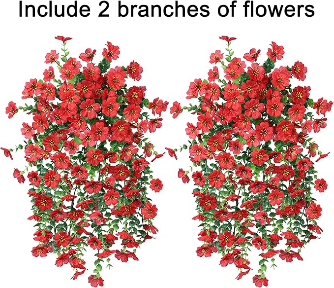 INSPRING Artificial Faux Outdoor Outside Flowers Plants, 2 PCS Fake Silk UV Resistant Look Real Red Daisy Trailing Vines for Front Door Porch Planter Urn Patio Balcony Decoration-Ruum Studio Home