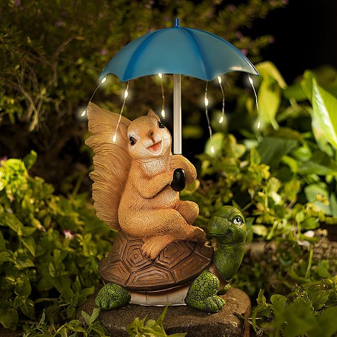 Malister Solar Garden Statue Outdoor Decor - Squirrel Siting on Turtle Statue with String Lights Umbrella for Patio, Garden Decor Garden Art Outdoor Lawn Decor Yard Art, Housewarming Garden Gifts-Ruum Studio Home