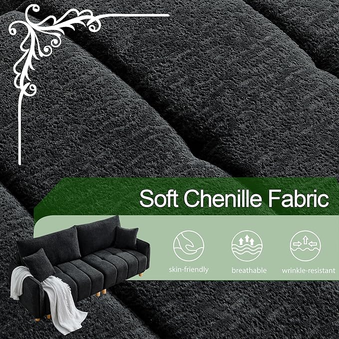 Convertible Sofa Bed, 90" Full Size Sleeper Sofa with Storage, Tufted Chenille 3 Seat Sofa Couches for Living Room, Small Spaces, Guest Room, Apartment, Black-Ruum Studio Home