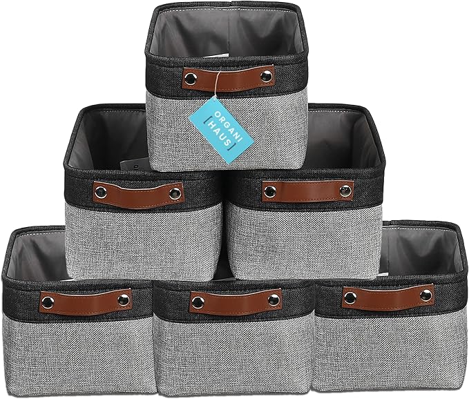 OrganiHaus Small Fabric Storage Baskets for Shelves 6 Pack, 12x8in Closet Storage Bins for Shelves, Cloth Baskets for Organizing, Linen Closet Organizers, Fabric Basket, Gray/Black-Ruum Studio Home