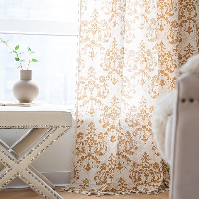 Sutuo Home Boho Curtains for Bedroom Living Room 96 Inches Length Long, Printing Moroccan Cotton Linen Rod Pocket Vibe Farmhouse Bohemian Tassels Window Treatment, 1 Panel 59" W x 96" L, Brown Damask-Ruum Studio Home