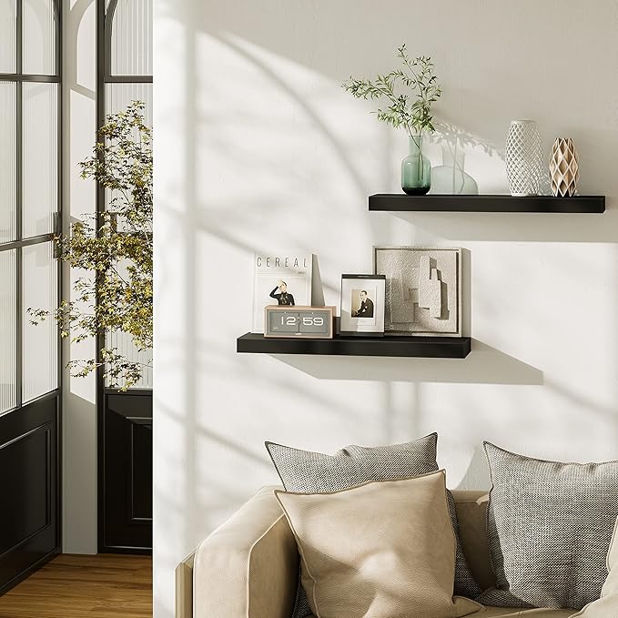 BAMEOS Floating Shelf,Wall Shelf,Decor Wall Mounted Shelves,Hanging Shelf Set L24xW6 for Bathroom Kitchen Living,Kitchen,Room Bedroom Storage,Black-Ruum Studio Home
