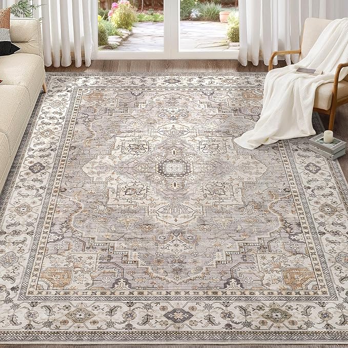 Washable Area Rugs for Living Room - 9x12 Neutral Vintage Distressed Floral Farmhouse Boho Large Soft Floor Rug Indoor Non Slip Carpet for Bedroom Dining Room Office - Grey Brown-Ruum Studio Home