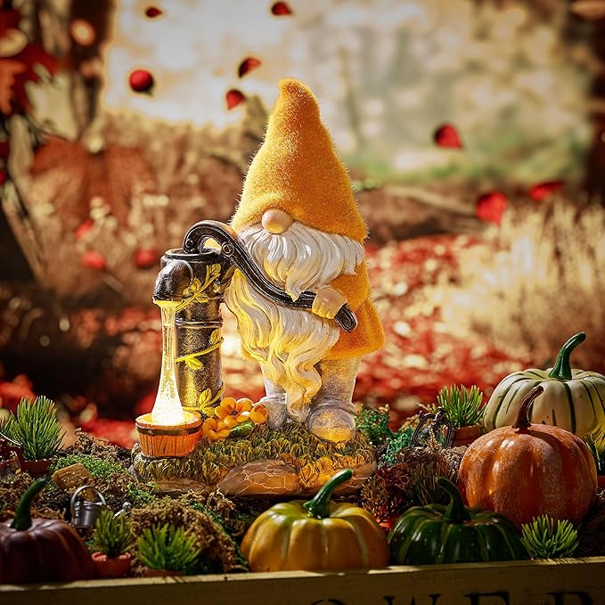 TERESA'S COLLECTIONS Fall Decor, Fall Gnomes Decor, Autumn Garden Gnomes Pumping Water with Solar Lights, Waterproof Resin Outdoor Fall Decor, Fall Gifts Outdoor/Indoor,9"-Ruum Studio Home