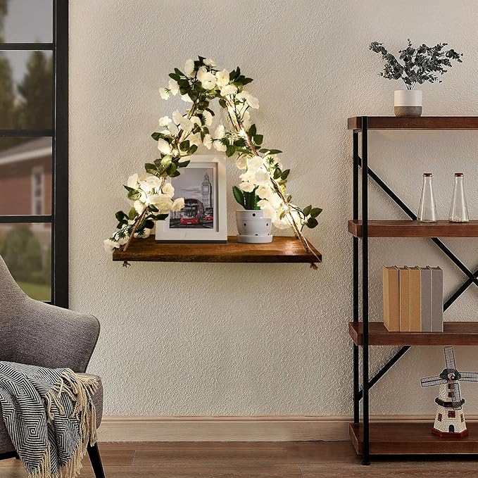 Floating Shelves for Wall,Plant Wall Decor,Hanging Shelf,Cottage Core Decor,Room Decor Aesthetic,Boho Room,Adhesive Shelves,Floating Shelves for No Drilling,Two-Piece Set(White Flower)-Ruum Studio Home