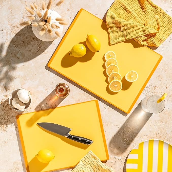 SMIRLY Plastic Cutting Board Set 3 Pieces, Non-Slip Dishwasher Safe Chopping Boards for Kitchen, Yellow-Ruum Studio Home