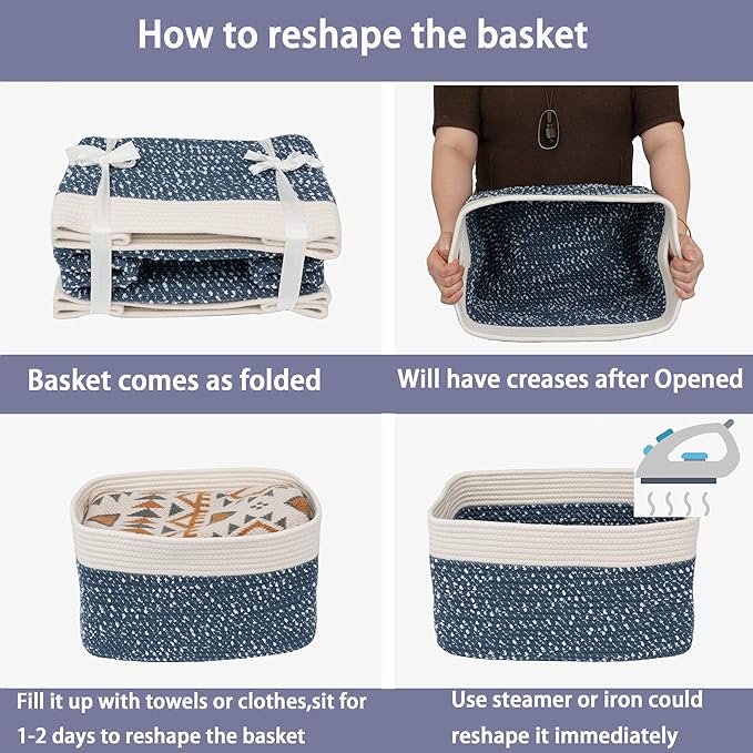 White and Blue Cotton Rope storage Basket Bins Woven Basket for Organizing Shelves 14.5X9.5X9.3“ Rectangle Decorative Baskets For storage Books Towels Wicker Nursery basket organizer Set of 3-Ruum Studio Home