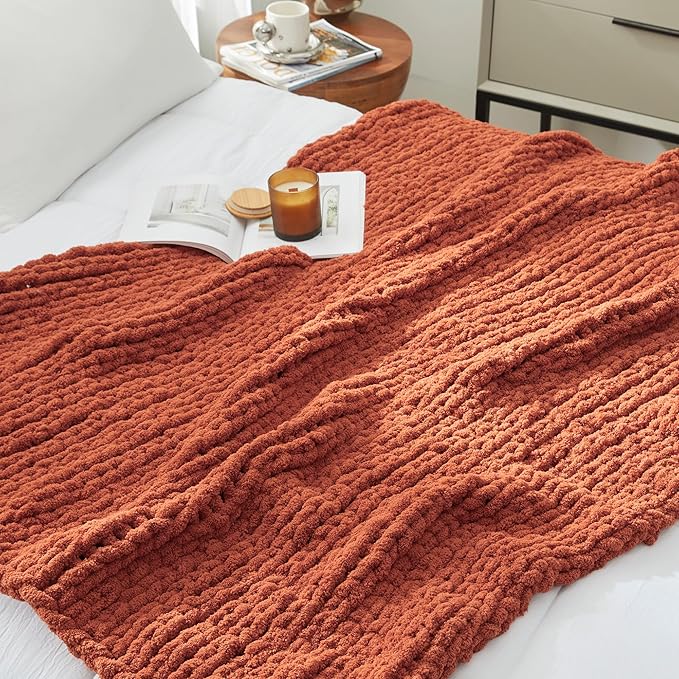 Amélie Home Chunky Knit Throw Blanket for Couch, Soft Chenille Crochet Blanket for Sofa, 50"x60", Burnt Orange-Ruum Studio Home