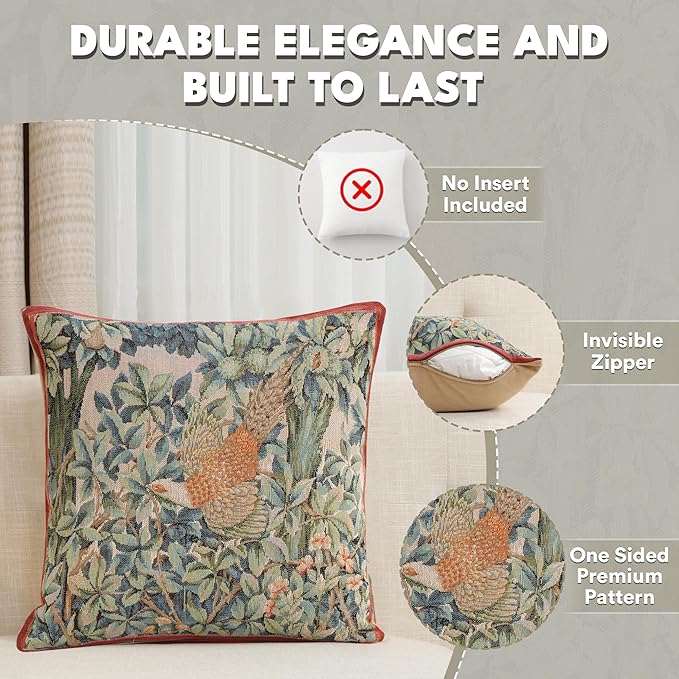 Charlotte Home Furnishings Decorative Tapestry Pillow Cover 19x19 in, Green Pheasant Couch Throw Pillow Cover, French Country Square Cushion Cases for Bed Room Home Decor, Soft Cotton Jacquard Woven-Ruum Studio Home