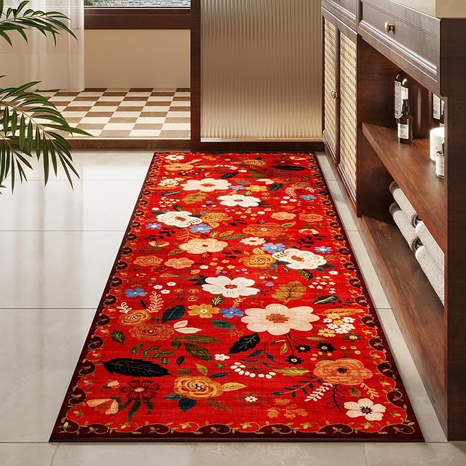 Runner Rug for Hallways Kitchen Rug Non Slip 2'x 6' Washable Runner Rugs with Rubber Backing Soft Floral Carpet Runner for Hallways, Kitchen, Laundry, Bedroom, Bathroom(Red)-Ruum Studio Home