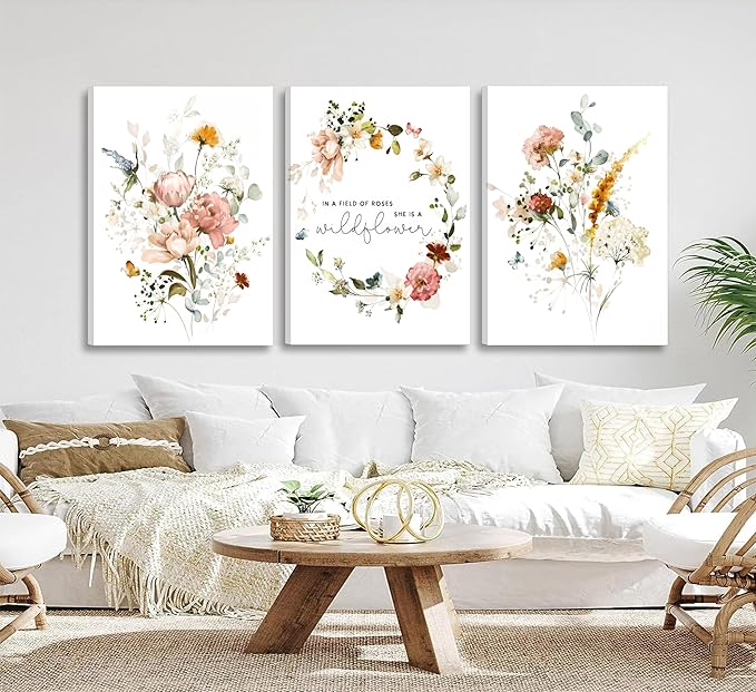 3Pcs Framed Watercolor Flowers Canvas Wall Art In A Field Of Roses She Is A Wildflower Painting Picture Wall Decor Pink wreath Poster Print Artwork for Nursery living room Girls Room Home Decoration-Ruum Studio Home