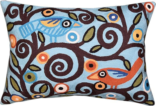 Lumbar Klimt Pillow Cover | Green Birds | Tree of Life | Modern Floral | Outdoor Pillows | Mid Century Chair Cushion | Handmade Wool Size 14x20-Ruum Studio Home