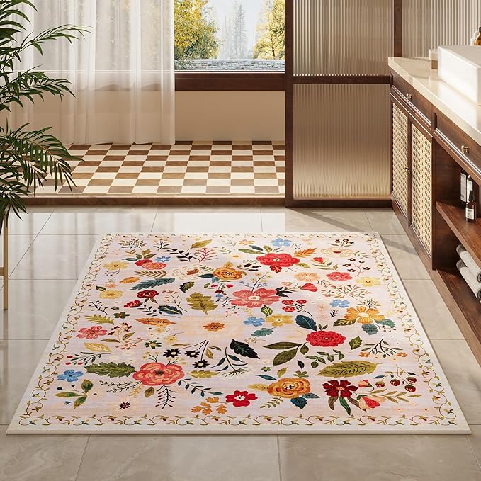 Bedroom Rug 3x5 Rug Washable Area Rug Non Slip Low Pile Boho Floral Small Carpet for Bedroom, Bedside, Kitchen, Entryway, Kids Room, Office, College Dorm Essentials for Girls(Beige)-Ruum Studio Home