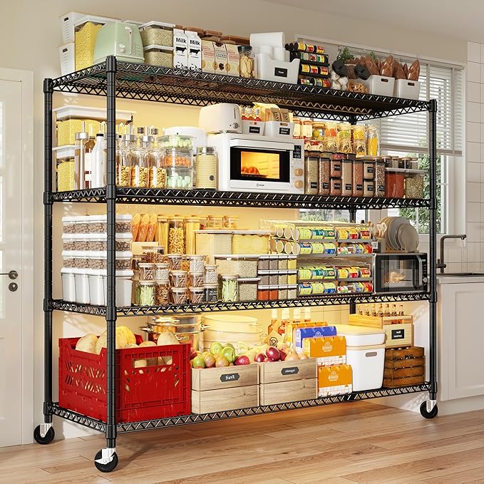 REIBII 60''W Storage Shelves 2399LBS Metal Shelving Unit with Wheels & Feet, 4 Tier Garage Shelving Heavy Duty Adjustable Wire Shelf for Pantry Kitchen Garage, 60" W x 18" D x 65.5" H, 2 Pack-Ruum Studio Home
