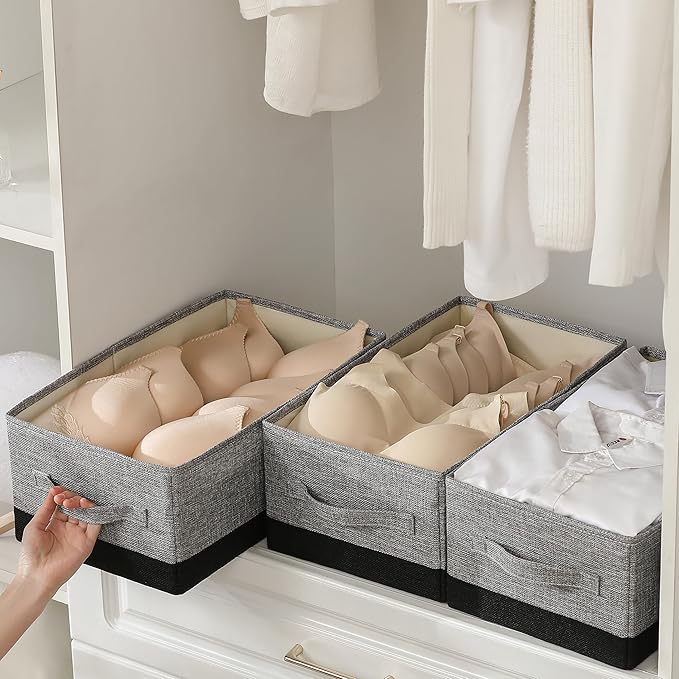 linen closet organizers and storage, 3 Pack Large Storage Baskets, Washable, Clothing Storage Bins with Handle, Closet Organizer for Storage Sweater,Sheets (gray black, 16"x9½"x6¾")-Ruum Studio Home
