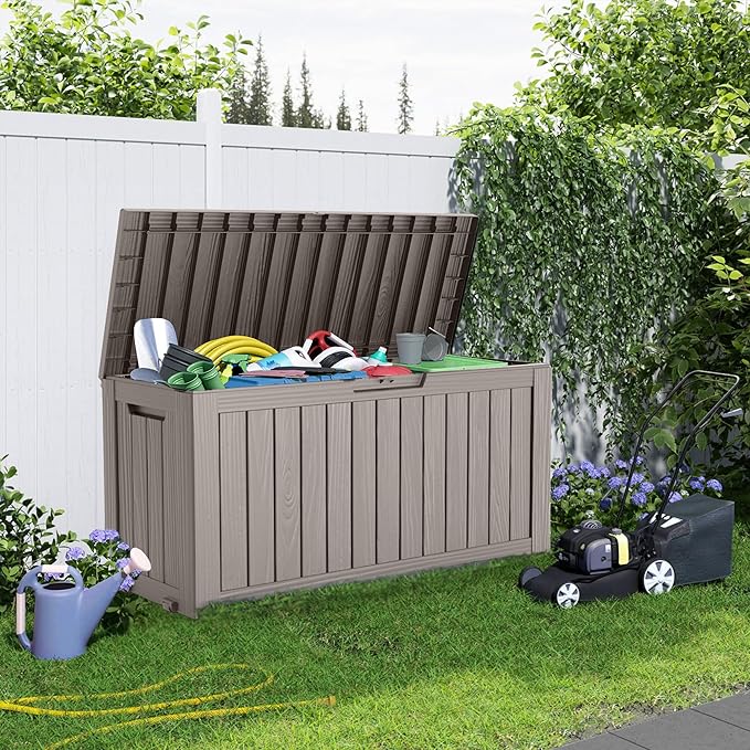 75 Gallon Resin Deck Box, Lockable Patio Outdoor Storage Box for Furniture, Garden Tools and Tools Storage, Waterproof Outside Storage Boxes - Grey-Ruum Studio Home
