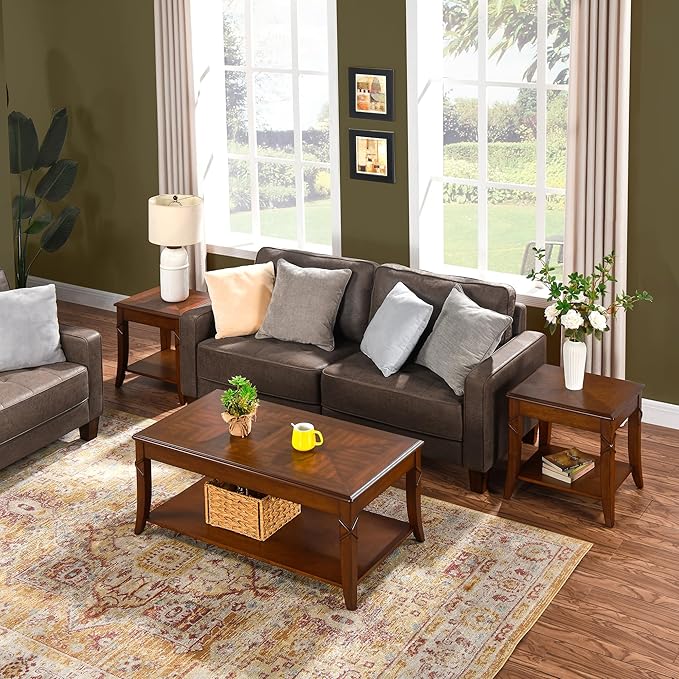 Solid Wood Coffee Table with Storage Shelf, Mid-Century Living Room Tables with Carved Tabletop and Leg, 43.3” Splicing Cocktail Center Sofa Table, Cherry Brown KFZ-DR200-Ruum Studio Home
