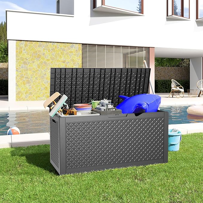 100 Gallon Resin Deck Box, Lockable Patio Outdoor Storage Box for Furniture, Garden Tools and Tools Storage, Waterproof Outside Storage Boxes - Patterned black-Ruum Studio Home