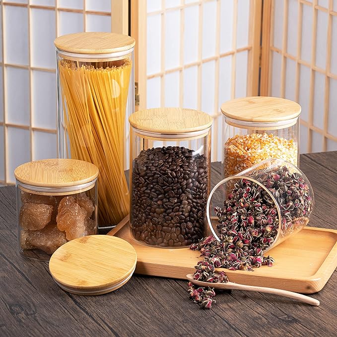 YUNCANG Glass Storage Jars [Set of 5],Clear Glass Food Storage Containers with Airtight Bamboo Lid Stackable Kitchen Canisters for Candy,Cookie,Rice,Sugar,Flour,Pasta,Nuts and Spice Jars-Ruum Studio Home