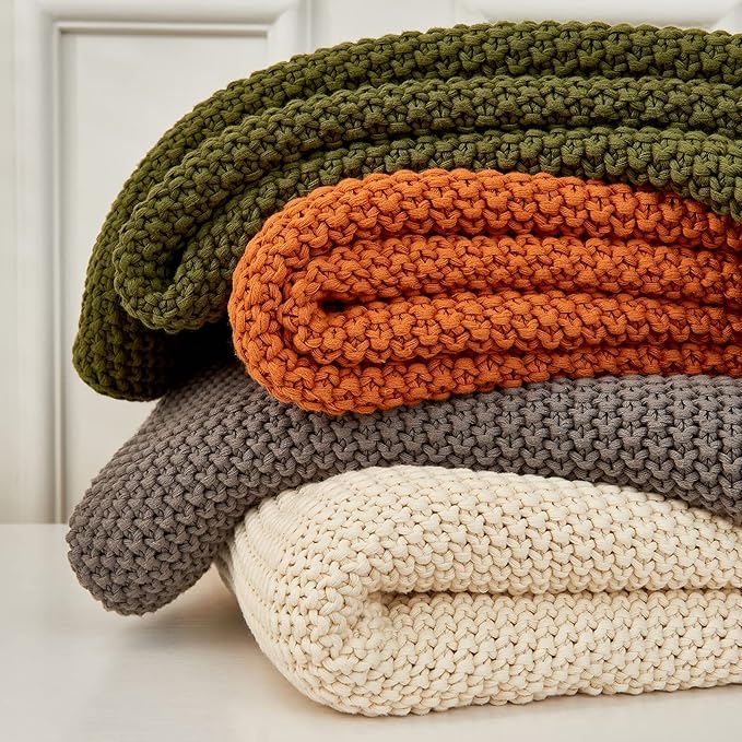 Longhui bedding Chunky Cable Knit Throw Blanket Lightweight Cream 100% Organic Cotton Blanket for Sofa Couch Bed Baby Nursery, Rustic Shabby Chic Modern Farmhouse, 60” x 80” Give Laundering Bag-Ruum Studio Home