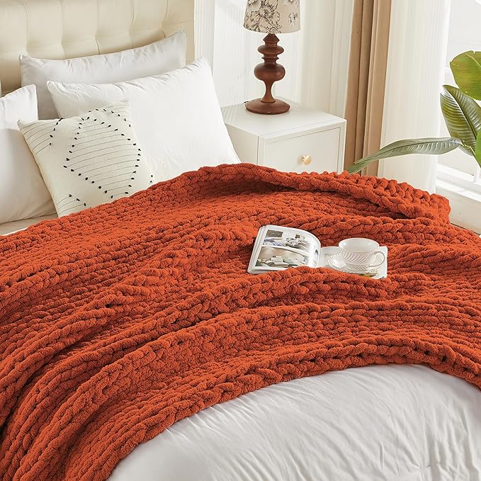 Carriediosa Chunky Knit Throw Blanket 60" X 80" Twin, 100% Hand Made Large Chenille Loop Yarn Soft Fluffy Throws for Couch Sofa Bed, Big Crochet Cozy Heavy Thick Cable Woven Blankets, Rust-Ruum Studio Home