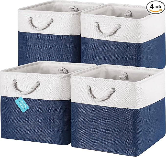 OrganiHaus 13x13 Cube Storage Bins 4 Pack, Foldable Cube Storage Organizer w/ Rope Handles, Collapsible Fabric Bins for Toys, Clothes & Closet Organization, Fabric Square Baskets - Navy Blue-Ruum Studio Home