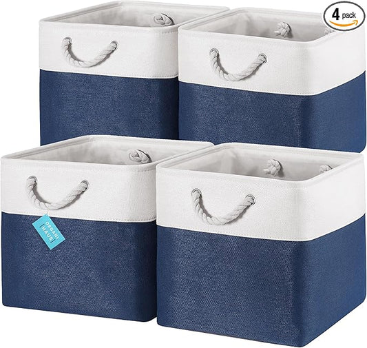 OrganiHaus 13x13 Cube Storage Bins 4 Pack, Foldable Cube Storage Organizer w/ Rope Handles, Collapsible Fabric Bins for Toys, Clothes & Closet Organization, Fabric Square Baskets - Navy Blue-Ruum Studio Home