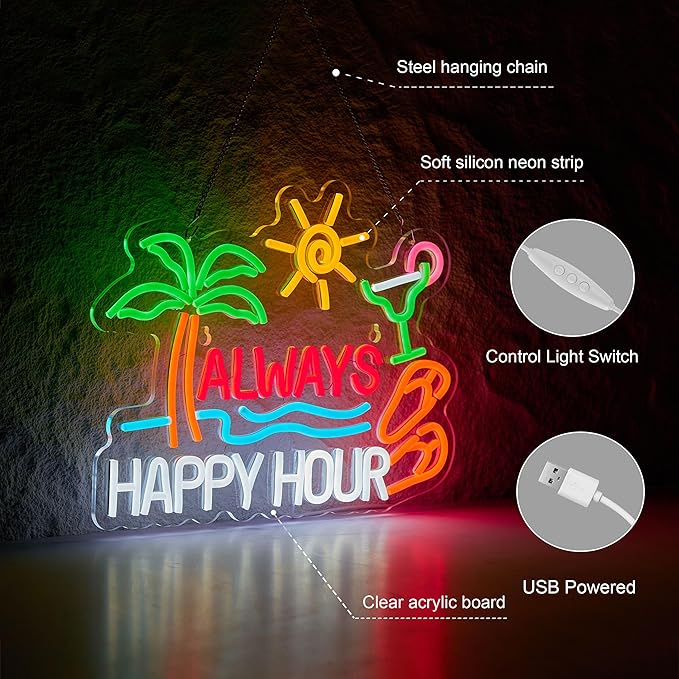 Always Happy Hour Beer Bar Neon Sign for Wall Décor Dimmable USB LED Neon Light for Home Tiki Bar Decor Man Cave Parties Gift-Ruum Studio Home