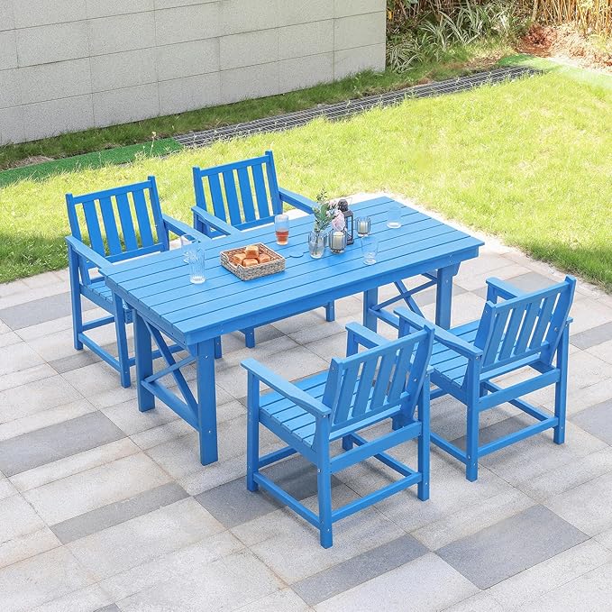 HDPE Patio Dining Set, 5-Piece Outdoor Table and Chairs with Umbrella Hole, Modern Outdoor Dining Set for 4, HDPE Outdoor Patio Furniture Dining Sets for Deck, Poolside, Porch, Sky Blue-Ruum Studio Home