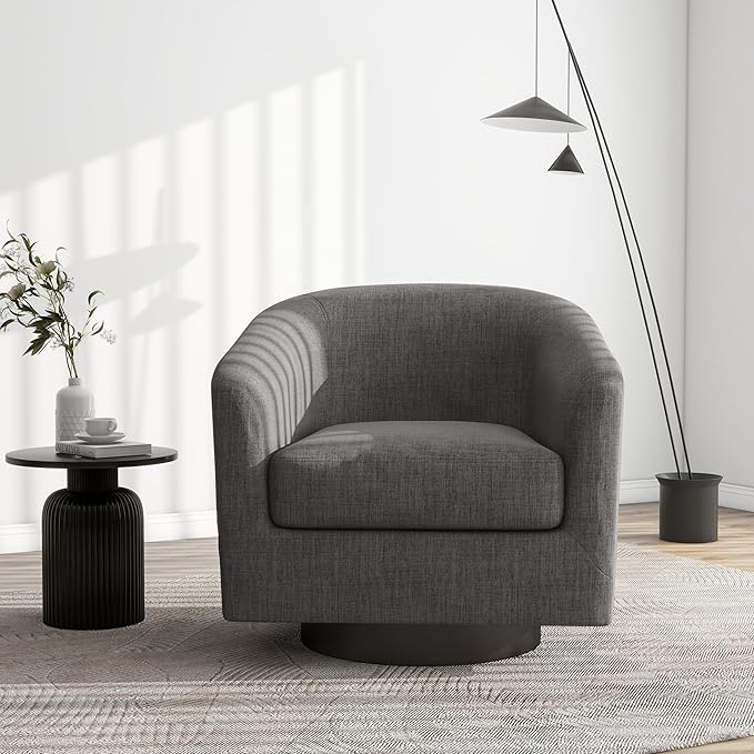 Swivel Barrel Accent Chair, Modern Round Linen Arm Chair for Living Room, Bedroom, Comfy Club Reading Chairs for Adults（Linen Fabric, Grey, Set of 2-Ruum Studio Home