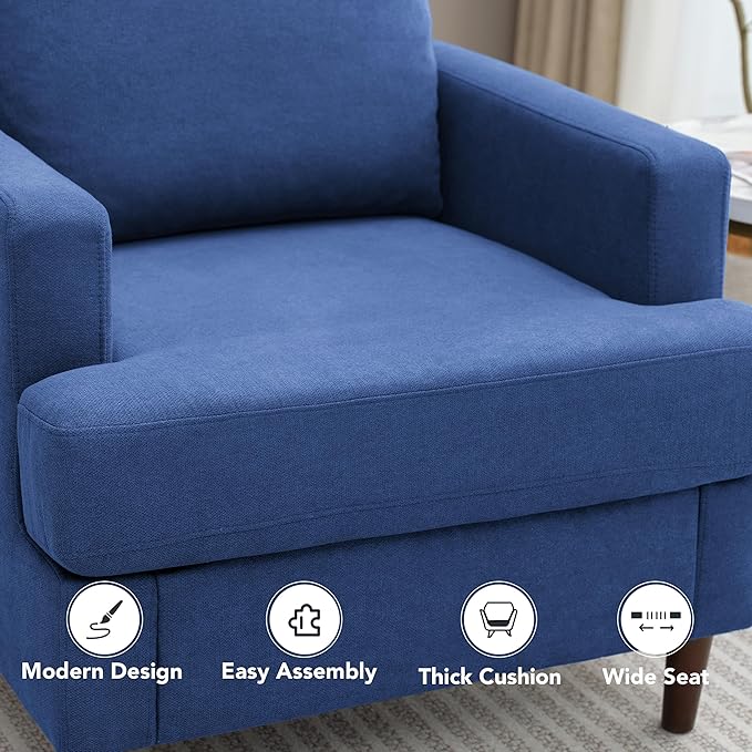 Mid-Century Accent Chair,Modern Linen Fabric Armchair for Living Room,Comfy Upholstered Reading Accent Chairs for Bedroom,Single Sofa Chair with Wood Legs (Blue, 1 Pack)-Ruum Studio Home