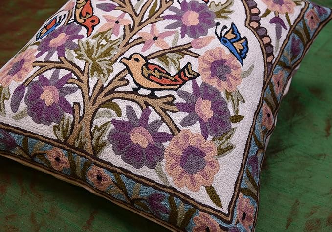 Tree of Life Pillow Cover Lavender Floral Pillowcase Botanical Flower Pillows Plants Farmhouse Traditional Chair Cushions Needlepoint Hand Embroidered Wool Size - 18x18-Ruum Studio Home