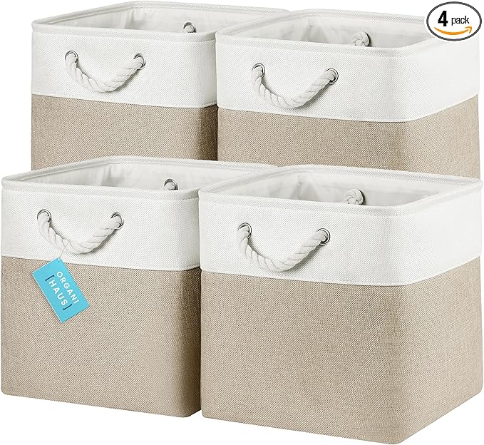 OrganiHaus 12x12 Cube Storage Bins 4 Pack, Foldable Cube Storage Organizer w/ Rope Handles, Collapsible Fabric Bins for Toys, Clothes & Closet Organization, Fabric Square Baskets - Beige/White-Ruum Studio Home