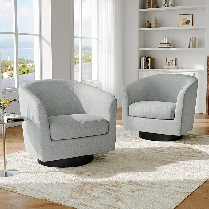 Swivel Barrel Accent Chair, Modern Round Chenille Fabric Arm Chair for Living Room, Bedroom, Comfy Club Reading Chairs for Adults（Chenille Fabric, Light Grey, Set of 2-Ruum Studio Home