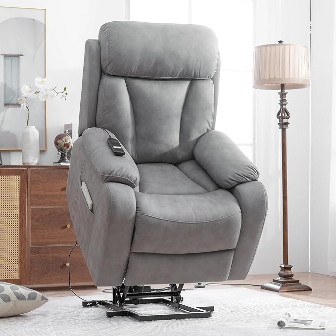 Power Lift Chair Recliners for Elderly, Leathaire Modern Adult Power Lift Chair Overstuffed Electric Lift Recliner Chair with Side Pocket for Living Room Bedroom (Light Gray)-Ruum Studio Home