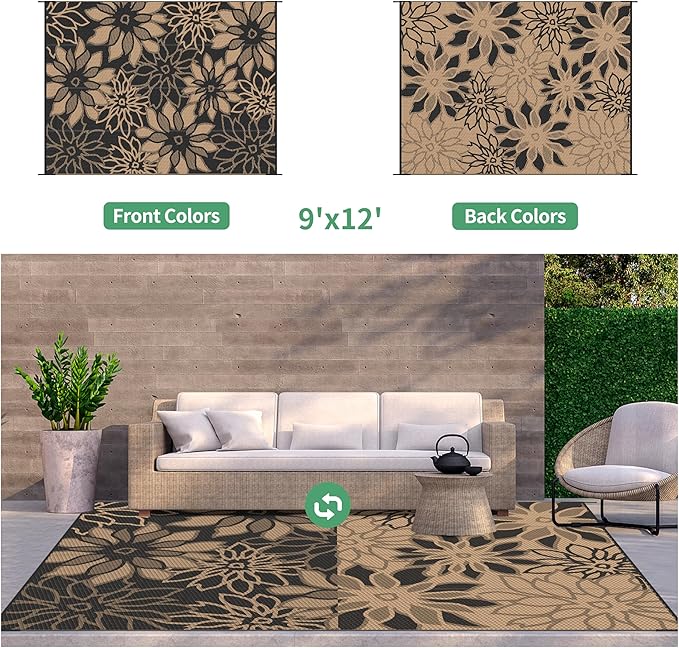 GENIMO Outdoor Rug Waterproof for Patio Decor, 9' x 12' Reversible Plastic Straw Floral Camping Carpet, Large Area Rugs Mats for RV, Camper, Deck, Balcony, Porch, Beach, Picnic, Black & Brown-Ruum Studio Home