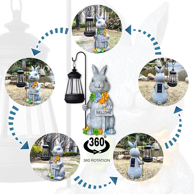 Rabbit Solar Lights Lantern Garden Statues with Succulent and 4 LED Lights - Outdoor Bunny Welcome Figurines Decorations for Patio Yard Lawn Ornaments Gifts for Birthday Easter Housewarming-Ruum Studio Home