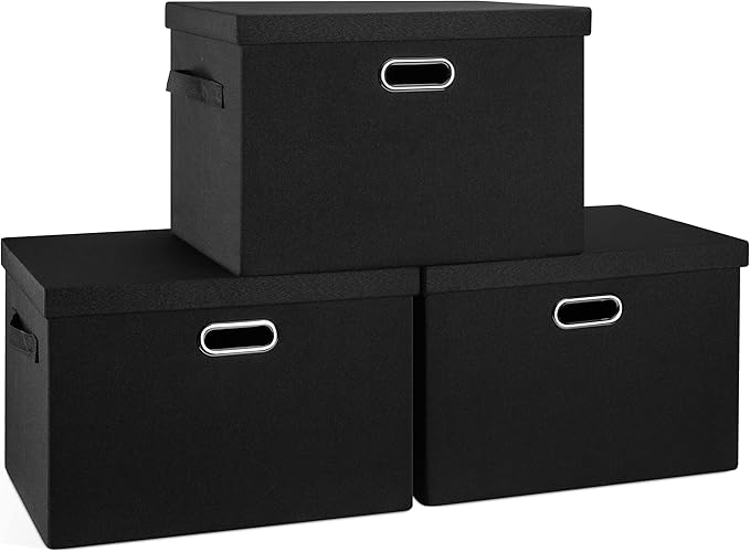 Large 17" 36 Quart Collapsible Stackable Storage Bins with Lids, 3 Packs Black Linen Fabric Closet Boxes with Lids, Storage Cube Baskets Container Organizers for Bedroom Office(17 x12 x11)-Ruum Studio Home