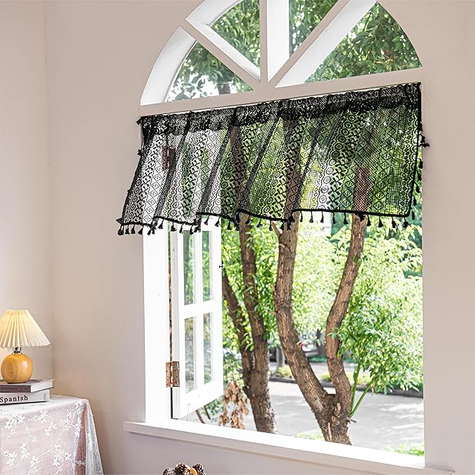 Sutuo Home Boho Valance Curtains for Kitchen Crochet Lace Sheer Bohemian Hollow Knitted with Tassels, Privacy Vintage Rustic Gothic Farmhouse Drapes, Rod Pocket 1 Panel 59" W x 18" L, Black-Ruum Studio Home