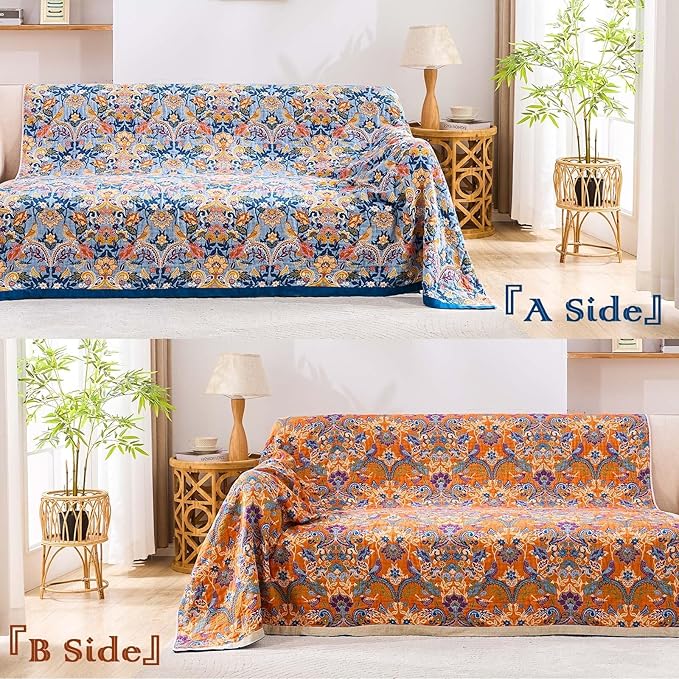 Boho Throw Blanket for Bed, 100% Cotton Soft Rustic Quilt Fall Blanket, 80"x90" Floral Printed Farmhouse Decor Bed Blankets, All Season Rustic Reversible Bohemian Throw Quilt-Ruum Studio Home