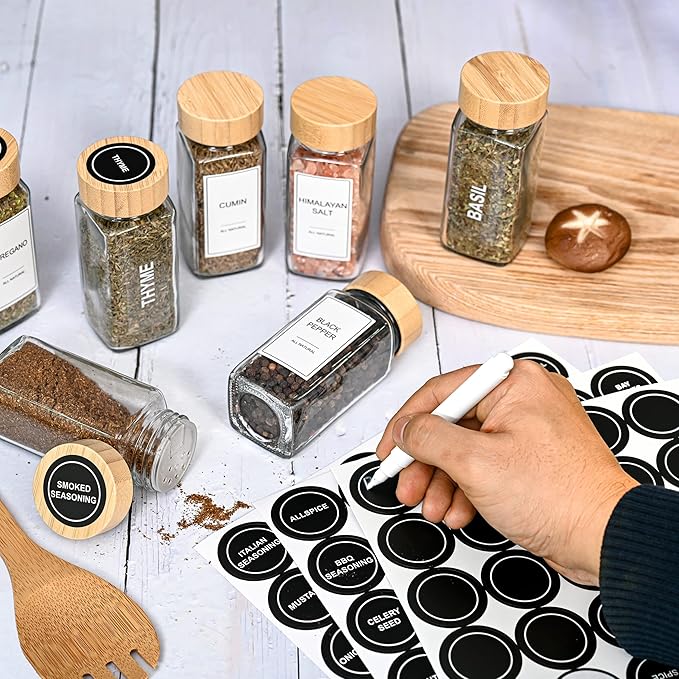 Set of 24 Glass Spice Jars with Various Labels, Bamboo Shaker Lids & Funnel, Kitchen Storage Jars with Airtight Lid, Spices & Seasonings Sets Organizer, Spice Containers, Glass Jar Food Canister-Ruum Studio Home