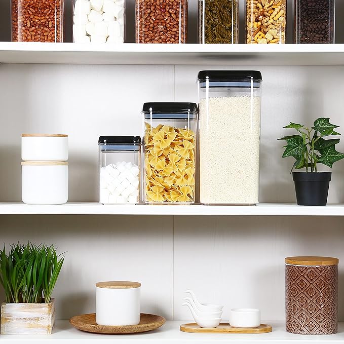 Felli Flip Tite Storage Container with Lid 6" XL Air Tight Ring Lock Top, Clear Acrylic Canister Set for Kitchen, Pet Cat Dog Food Treats, 5 lb Flour Sugar Pantry Organizer (Nest-L, Black)-Ruum Studio Home