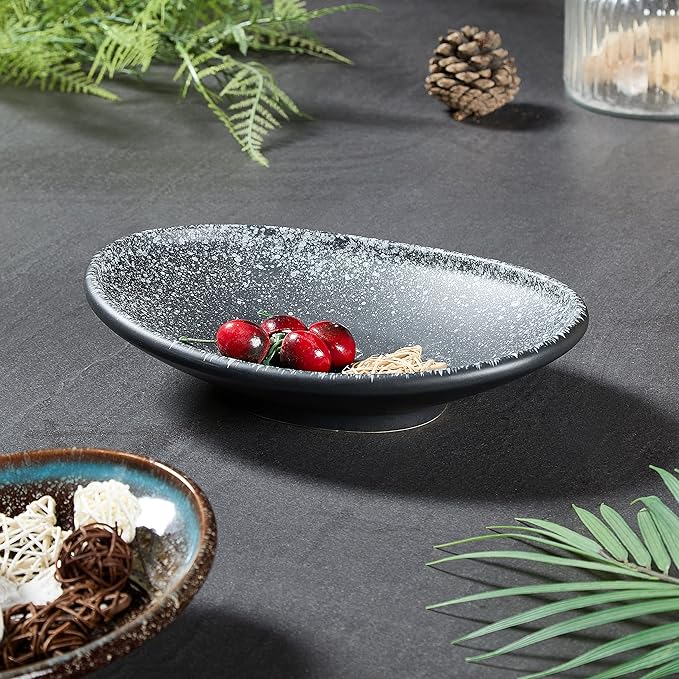 Oval Ceramic Decorative Bowl, Key Dish for Entryway Table, Small Home Decor Accent, Trinket Tray for Office Home Decor Gift (10'' Snowflake Gray without Glaze Layer)-Ruum Studio Home