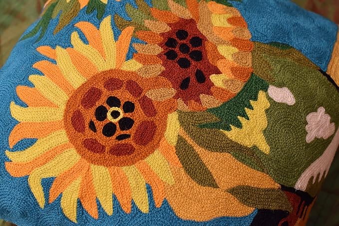 Turquoise Van Gogh Sunflower Pillow Cover Teal Floral Sofa Pillowcase Flower Chair Cushion Accent Throw Flowery Outdoor Pillows Farmhouse Couch Handmade Wool Size 18x18-Ruum Studio Home
